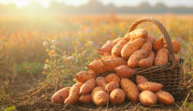 Freshly Harvested Orange Sweet Potatoes in Wicker Basket at Sunrise Field