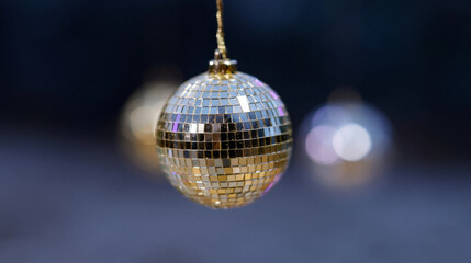 Obraz premium A shiny golden disco ball hangs, reflecting light at a vibrant nightlife party celebration.