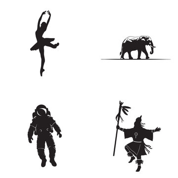 Silhouettes of a ballerina, elephant, astronaut, and warrior in dynamic poses featuring black, white, artistic