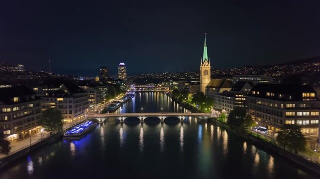 Zurich Night Skyline and Limmat River Aerial View