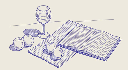 Obraz premium Still life with book, wine glass, and apples, simple line drawing, reading concept, background