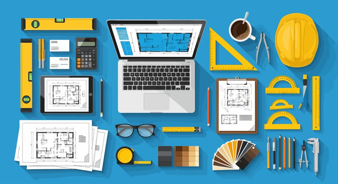 Architecture design tools and equipment, construction planning concept, blue background