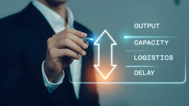 Businessperson using stylus near glowing double arrow with text output, capacity, logistics, and delay, symbolizing supply chain optimization and operational efficiency