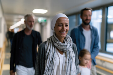 Fototapeta premium A group of happy individuals walks together through a hospital hallway, showcasing warmth and support during difficult times, highlighting family bonds and resilience.