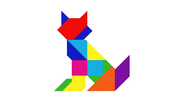 Colorful tangram cat silhouette isolated on a transparent background, geometric cat colorful shapes tangram animal tangram