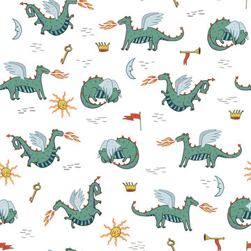 flying dragons in the sky medieval vector seamless pattern