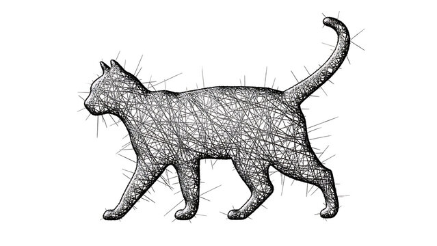 Detailed wireframe cat silhouette isolated on a transparent background, geometric cat 3d mesh