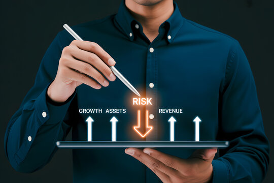 Person using stylus on tablet with glowing arrows labeled growth, assets, revenue, and risk, symbolizing business strategy, financial management, and risk reduction in modern analytics