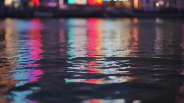 Colorful city lights reflecting on river water in Zurich night