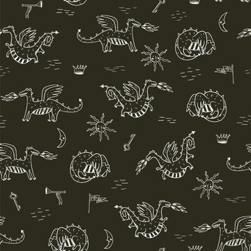 flying dragons in the sky medieval vector seamless pattern line 