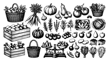 Obraz premium Farmer’s Market Collection Engraving Hand Drawn Illustration Set Featuring baskets, carrots, pumpkins, garlic, tomatoes - Vector Illustration