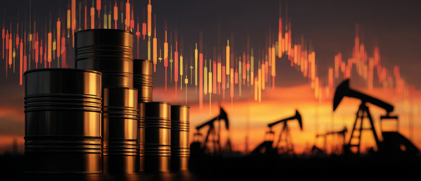 Stack of oil barrels with pumpjacks in background at sunset and financial chart overlay. Concept of oil prices, global energy market, petroleum industry, supply and demand dynamics.