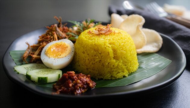 Indonesian Yellow Rice Nasi Kuning with Boiled Egg Sambal and Crackers