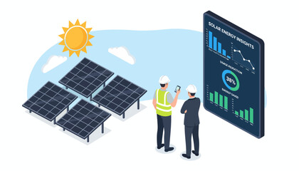 Naklejka premium Solar panel installation team analyzing data on tablet, renewable energy concept