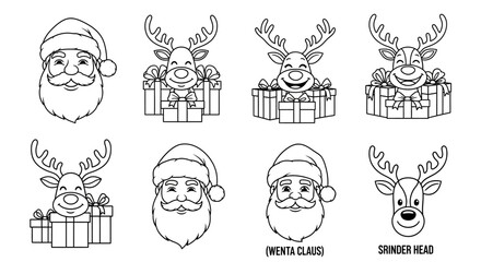 Santa Claus and reindeer faces with gifts, Christmas icons, line art © Adam