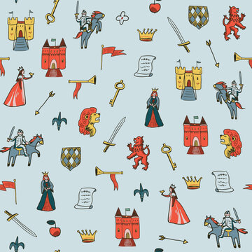 Medieval doodle objects vector seamless pattern with knights, castles, princess, lion, symbols, crone and sword