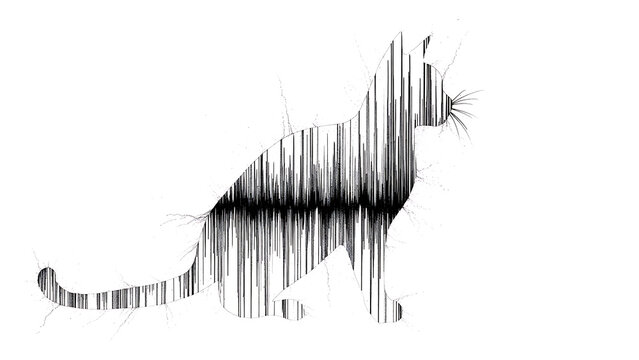 Monochrome bar-code cat silhouette isolated on a transparent background, bar-code pattern black, and white