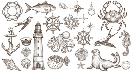 nautical icons set, sea creatures and lighthouse, ocean symbols © Adam