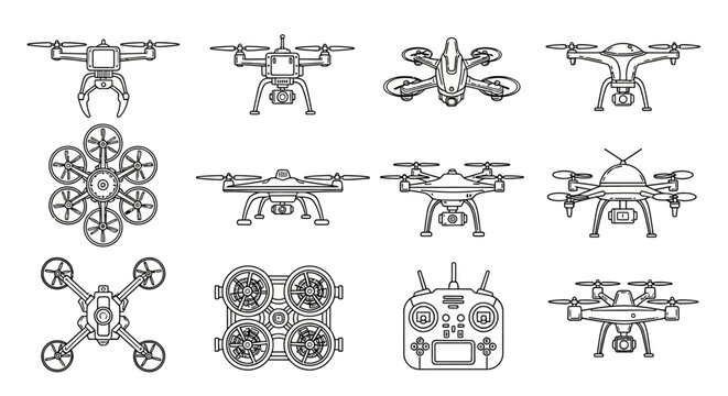 Drone icons, black and white line art, various designs and shapes, technology concept, business and innovation background