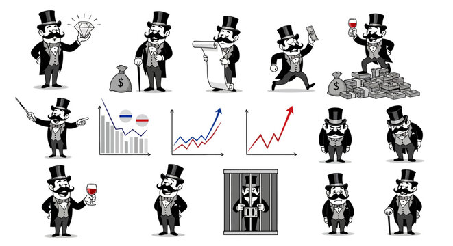 Monopoly man characters, business and finance illustrations, cartoon style