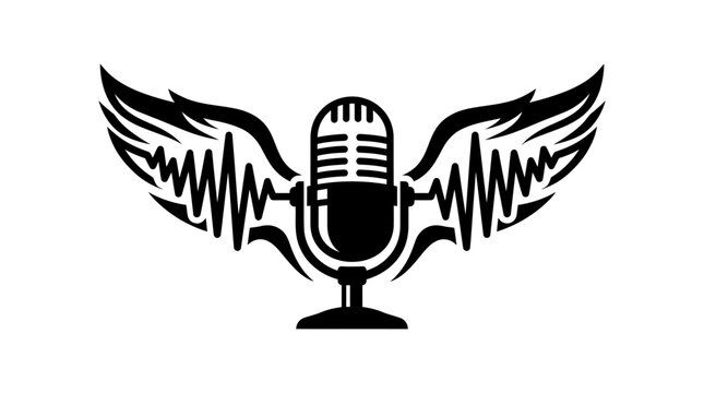 Microphone with wings and sound waves.