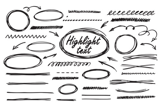 Red pen strokes forming round circle underline shapes with hand drawn doodle arrow elements creating vector set kit bundle for highlight text using scribble oval lines in playful layout