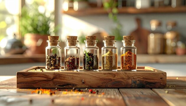 A curated selection of five small glass spice bottles with cork stoppers, showcasing exotic culinary ingredients on a wooden tray.