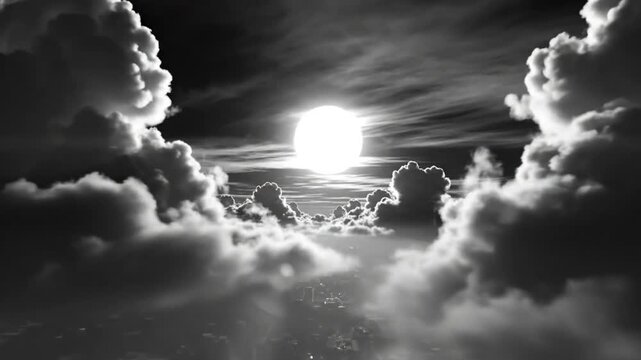 Dramatic aerial view of a celestial sun emerging through heavy clouds above a city landscape in black and white