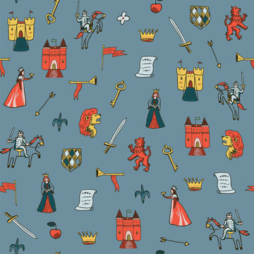 Medieval doodle objects vector seamless pattern with knights, castles, princess, lion, symbols, crone and sword