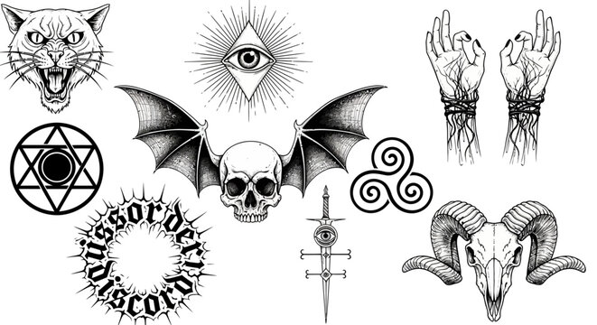 Satanic symbols, occult and devilish tattoos, black and white illustrations, horror concept, background