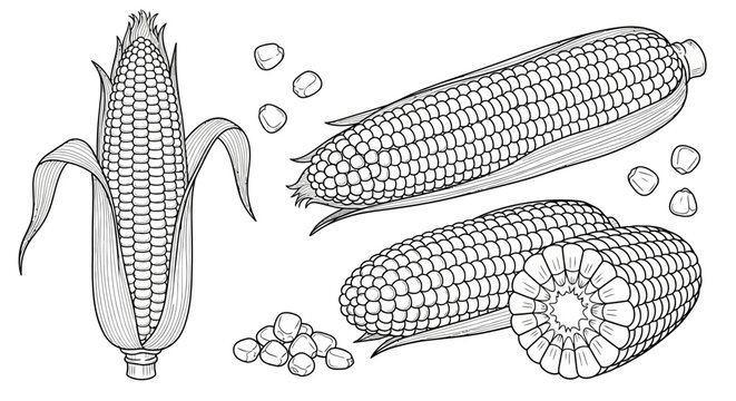Black and white corn illustration, corn on the cob, kernels, vegetable line art