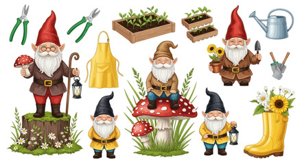 Gnomes gardening tools and flowers, whimsical illustration, garden decoration concept © Adam
