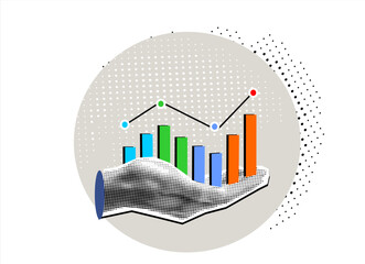 Fototapeta premium Trendy Halftone Collage businessman hand holding business increases in the financial graph arrow. Business collage