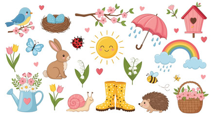 Colorful spring icons with animals and flowers, springtime concept, background © Adam