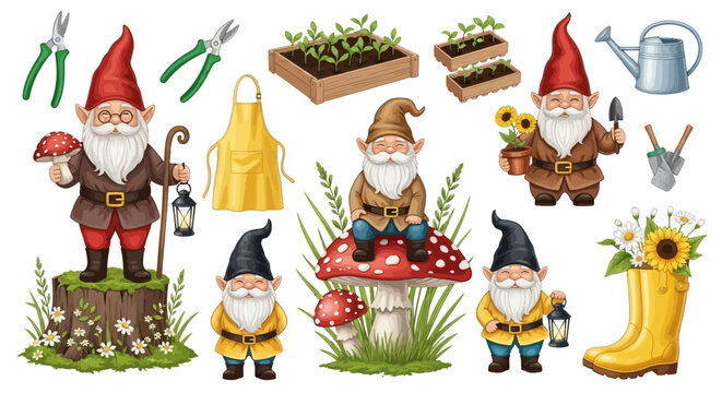 Gnomes gardening tools and flowers, whimsical illustration, garden decoration concept