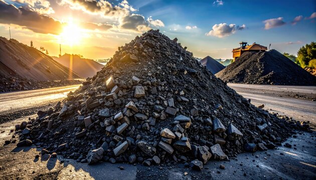 A massive pile of dark, crushed coal or asphalt chunks sits under a dramatic sunset sky with industrial machinery in the background.
