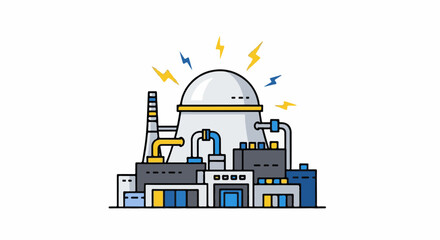 Naklejka premium Flat illustration of a power plant with a dome and surrounding structures generating energy