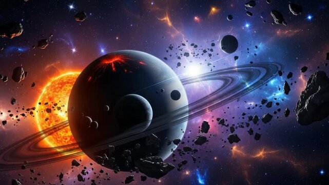 Fiery sun illuminates a ringed planet with moons and asteroids
