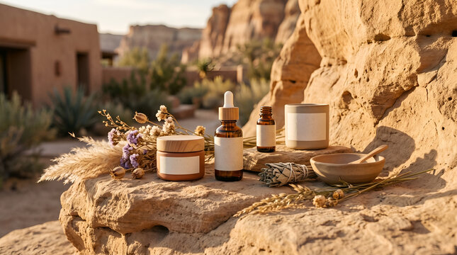 Minimalist skincare routine setup on rustic stone table in desert landscape