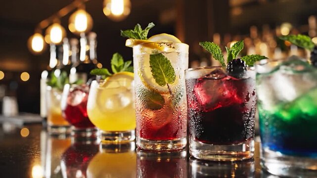 Row of colorful cocktails with fresh fruit garnishes on a dark bar counter