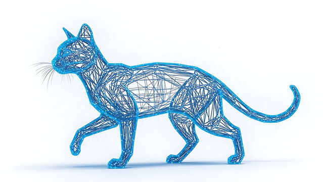 Transparent 3 d wireframe cat model in blue isolated on a transparent background, blue wireframe 3d, cat model