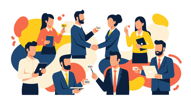 Business professionals interact in a digital workplace with flat design elements