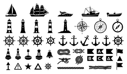Black and white nautical silhouette vector set with maritime symbols and marine icons isolated on white background © abdul