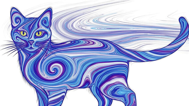 Vibrant swirling cat with fluid blue and purple hues isolated on a transparent background, fluid blue and, purple patterns