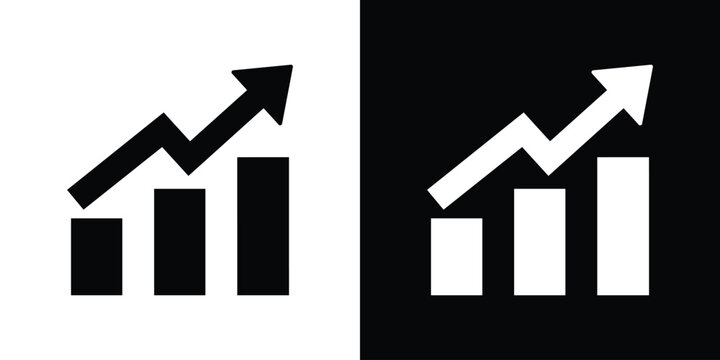 Progressive bar chart with a curved upward moving arrow. Clean corporate growth and financial development symbol on split backgrounds.