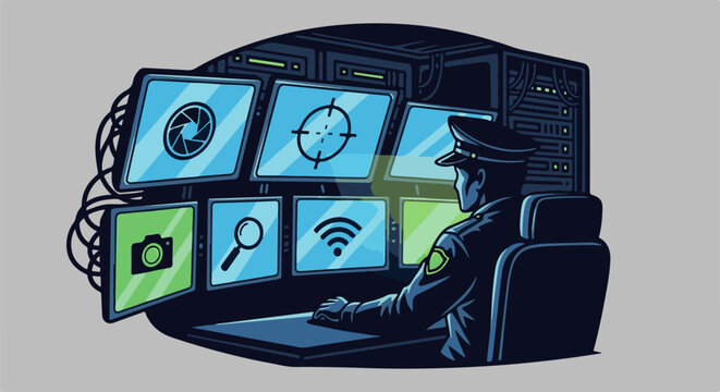 Security officer monitors multiple screens displaying surveillance icons