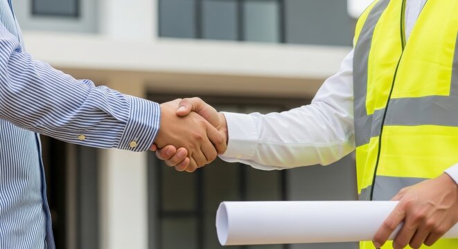 Handshake between a contractor and architect on a construction site