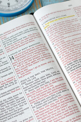Fototapeta premium Jesus is the truth, way, and life text in open holy bible book with a compass. Christian biblical concept.