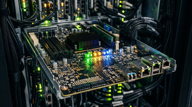 Close up of a computer motherboard with glowing lights and cables in a server rack