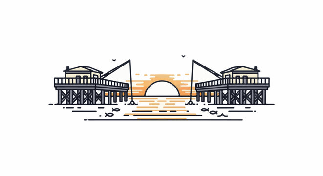 Two stilted fishing huts with cranes face a sunset over water with fish